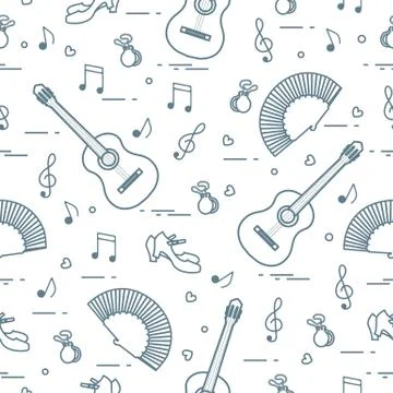 Pattern with fan, shoes, castanets, notes, guitars 스톡 일러스트