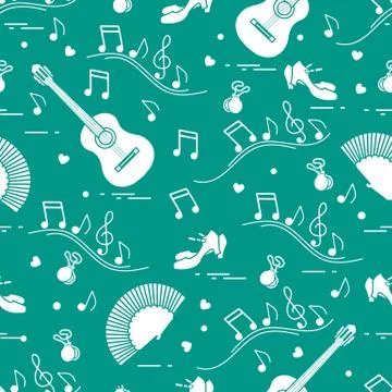 Pattern with fan, shoes, castanets, notes, guitars 스톡 일러스트