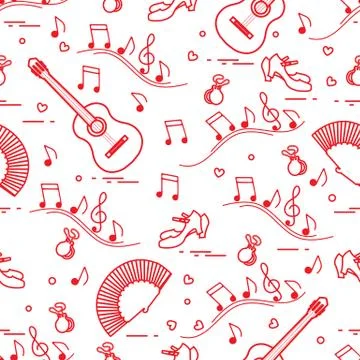 Pattern with fan, shoes, castanets, notes, guitars Stock Illustration