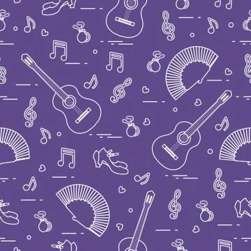 Pattern with fan, shoes, castanets, notes, guitars Stock Illustration