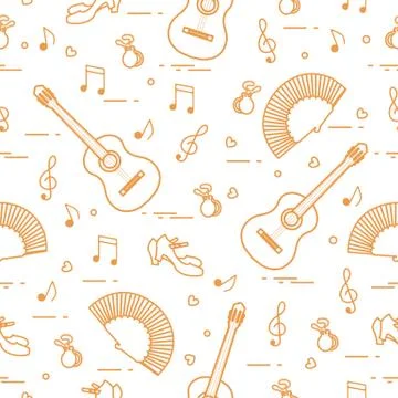 Pattern with fan, shoes, castanets, notes, guitars Stock Illustration