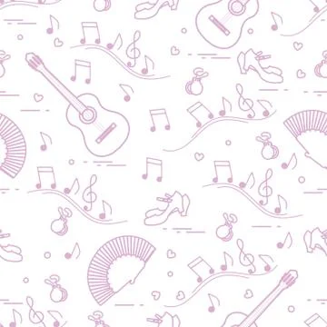 Pattern with fan, shoes, castanets, notes, guitars 스톡 일러스트