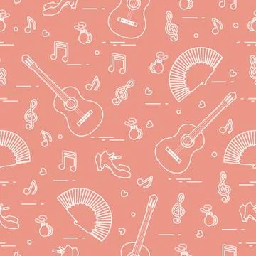 Pattern with fan, shoes, castanets, notes, guitars 스톡 일러스트