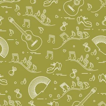 Pattern with fan, shoes, castanets, notes, guitars Illustrazione stock