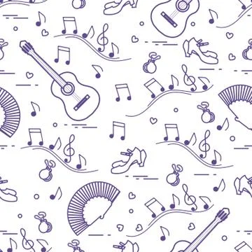 Pattern with fan, shoes, castanets, notes, guitars Illustrazione stock