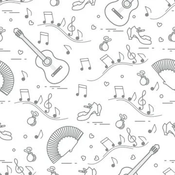 Pattern with fan, shoes, castanets, notes, guitars 스톡 일러스트