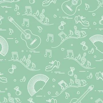 Pattern with fan, shoes, castanets, notes, guitars Illustrazione stock