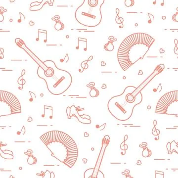 Pattern with fan, shoes, castanets, notes, guitars Illustrazione stock