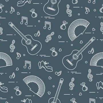 Pattern with fan, shoes, castanets, notes, guitars Stock Illustration
