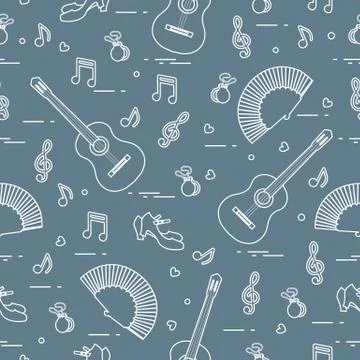 Pattern with fan, shoes, castanets, notes, guitars Stock Illustration
