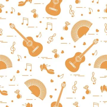 Pattern with fan, shoes, castanets, notes, guitars Stock Illustration