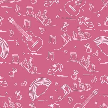 Pattern with fan, shoes, castanets, notes, guitars Illustrazione stock