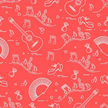 Pattern with fan, shoes, castanets, notes, guitars Illustrazione stock
