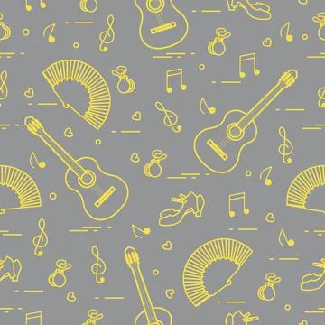 Pattern with fan, shoes, castanets, notes, guitars Illustrazione stock