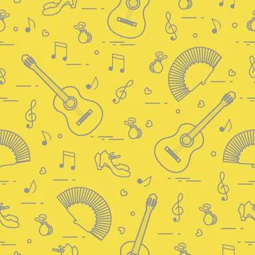 Pattern with fan, shoes, castanets, notes, guitars Illustrazione stock
