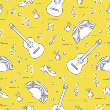 Pattern with fan, shoes, castanets, notes, guitars 스톡 일러스트