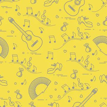 Pattern with fan, shoes, castanets, notes, guitars 스톡 일러스트