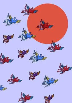 Pattern with fantasy birds, flying over the sun Stock Illustration
