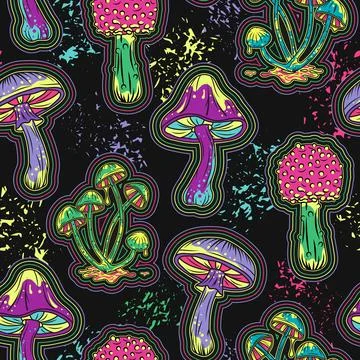 Pattern with fantasy mushrooms, paint splatter Stock Illustration