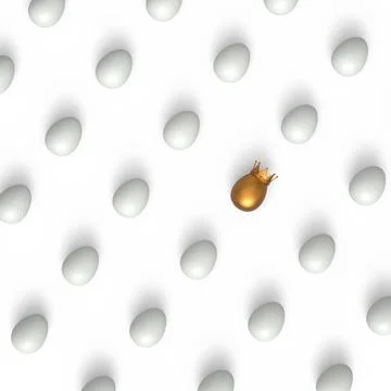 Pattern from farm white chicken eggs and unique gold egg in royal king crown Illustrazione stock