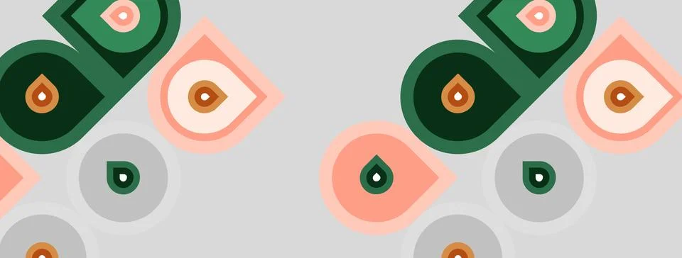 Pattern features abstract shapes, muted colors. Green, peach, gray elements Illustrazione stock