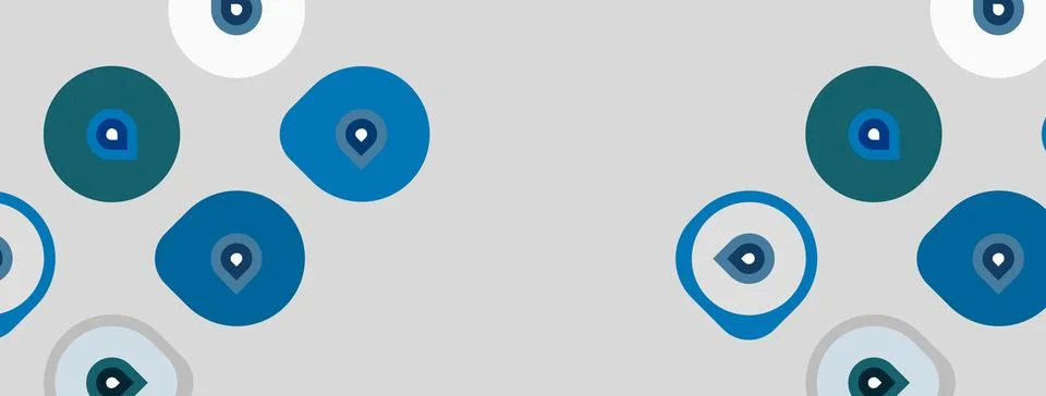 Pattern features blue eyes, circles, squares. Light gray background provides Illustrazione stock
