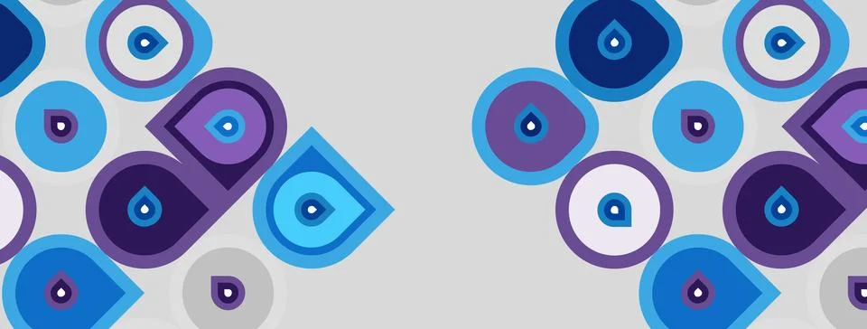 Pattern features blue eyes, circles, squares. Purple accents present. Design Stock Illustration