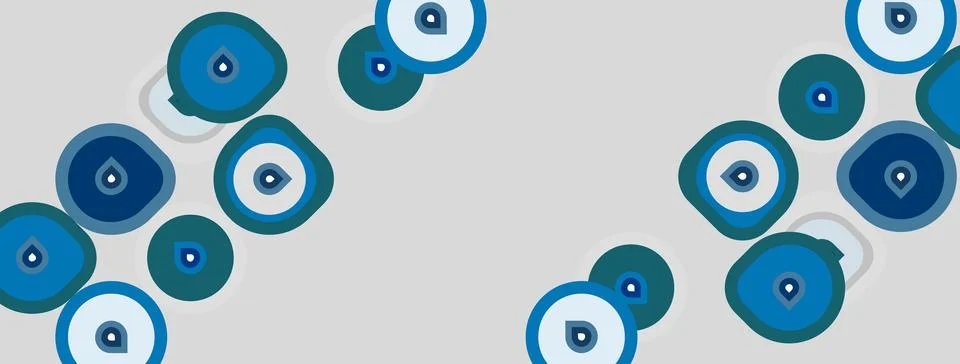 Pattern features blue eyes, protective symbols. Light gray background provide Stock Illustration