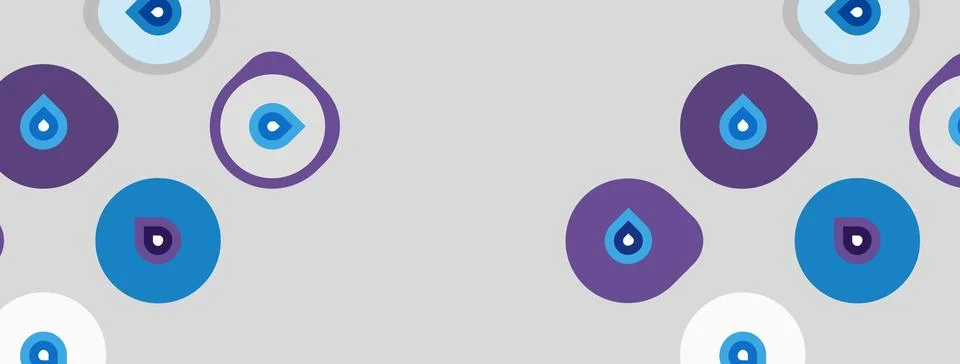 Pattern features blue, purple eyes. Circles, droplets create whimsical design Stock Illustration