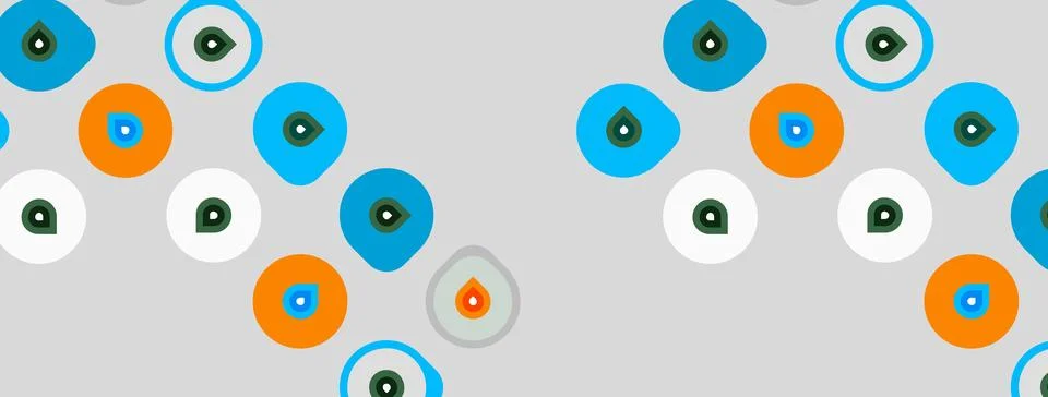 Pattern features circles, droplets. Colors include blue, orange, gray, white. Stock Illustration