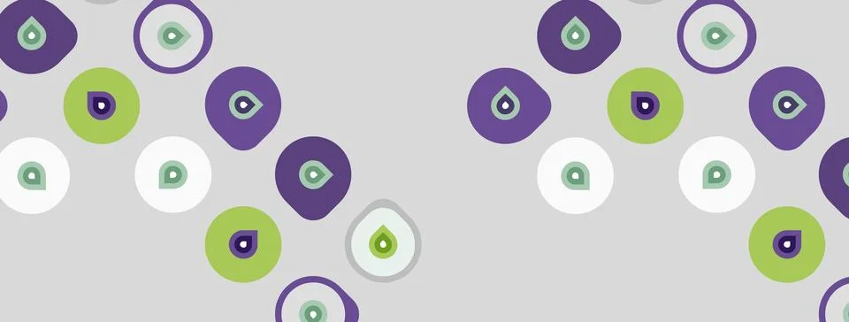 Pattern features circles, droplets. Colors include purple, green, white, gray Stock Illustration