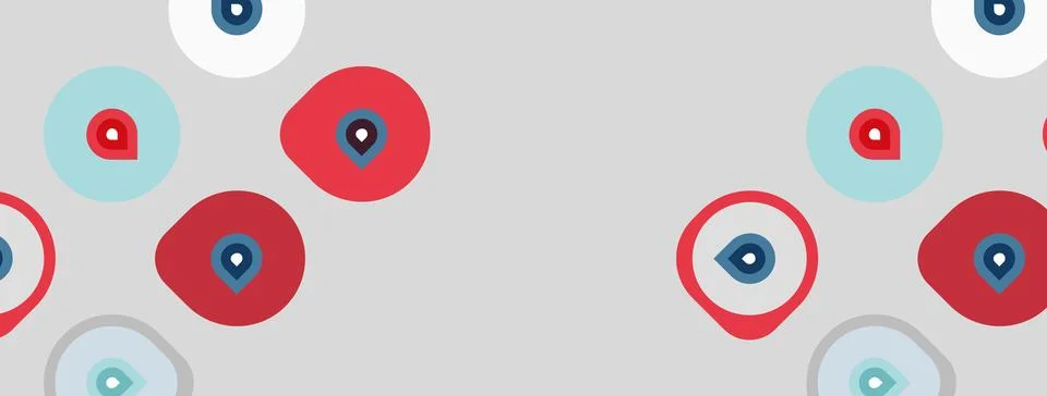Pattern features circles, red, blue, light gray. Location pins inside some Stock Illustration