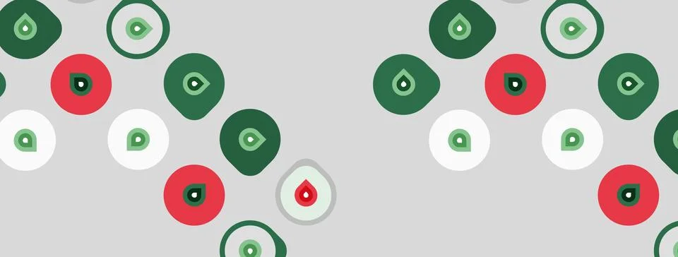 Pattern features circles, red drops, green elements. Simple design repeats Illustrazione stock