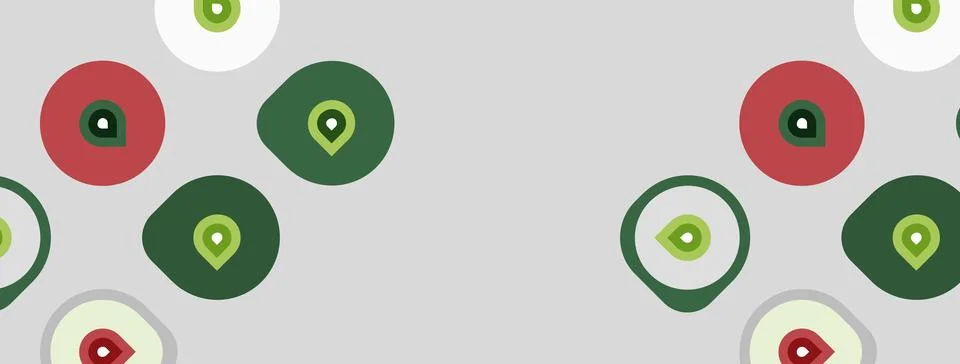 Pattern features circles, squares. Colors include red, green, gray, white. Stock Illustration