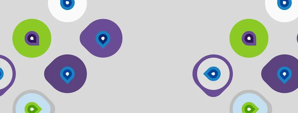 Pattern features circles, squares with eye motifs. Colors include purple, g.. Stock Illustration