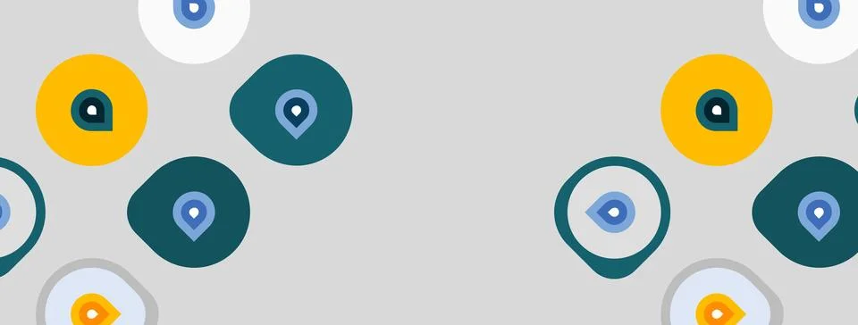Pattern features circles, squares with pin icons. Colors include yellow, teal Illustrazione stock