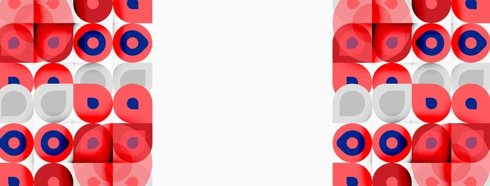 Pattern features circles, squares, rectangles. Red, blue, gray colors dominat 스톡 일러스트