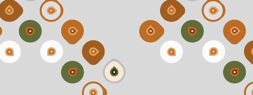 Pattern features circles, various colors. Shapes resemble seeds or droplets, Illustrazione stock