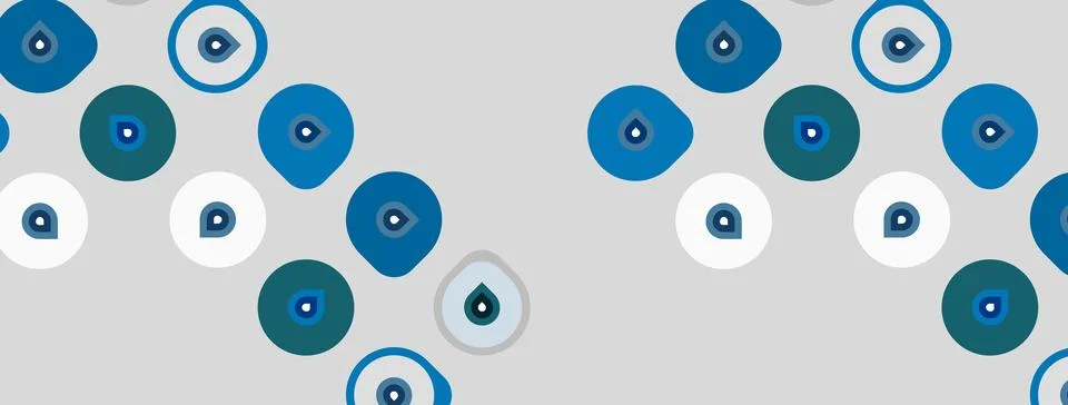 Pattern features circles, varying shades blue, white. Small droplet icons i.. Illustrazione stock