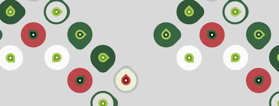 Pattern features circles, varying sizes, colors. Green, red, white dominate Illustrazione stock