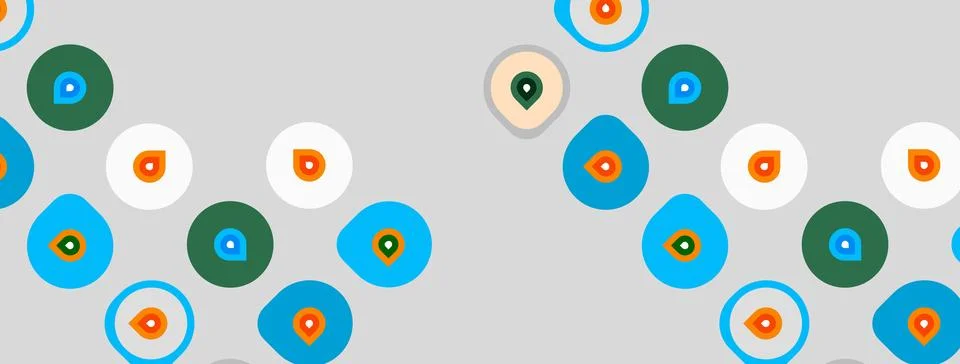 Pattern features colorful circles, dots. Shapes repeat across light gray Illustrazione stock