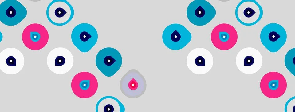 Pattern features colorful circles, dots. Blue, pink, white shades dominate Illustrazione stock