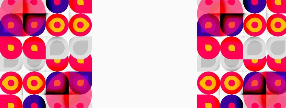 Pattern features colorful circles, squares. Pink, purple, orange hues dominat Stock Illustration
