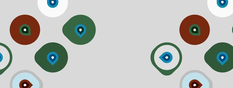 Pattern features colorful eyes, circles, squares. Shapes repeat across light Stock Illustration