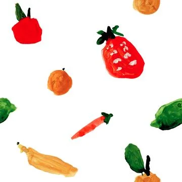 The pattern features handpainted fruits and vegetables, creating a charming Illustrazione stock