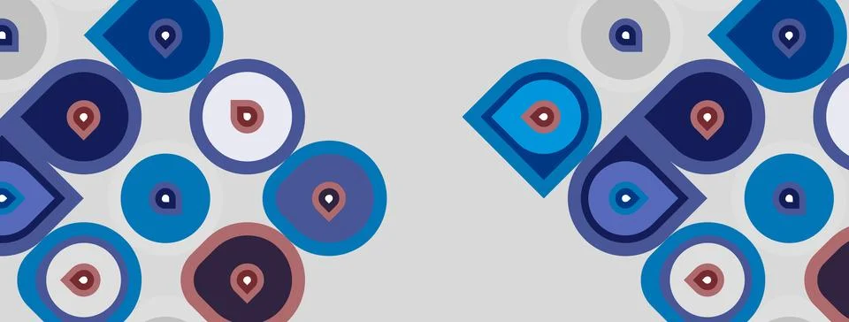 Pattern features numerous blue eyes, symbols against light gray background. Illustrazione stock