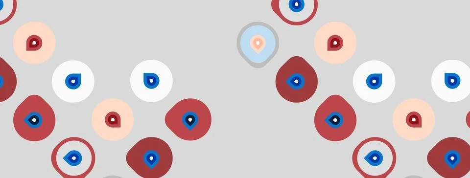 Pattern features numerous eyes, circles, red dots. Background is light gray. Stockillustratie