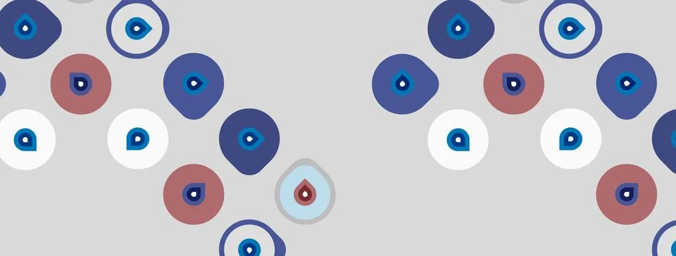 Pattern features numerous stylized eyes. Blue, white, red circles contain eye Stock Illustration