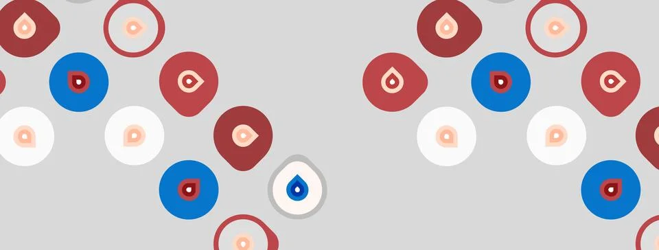 Pattern features repeating circles. Red, blue, white drops inside. Simple d.. Stock Illustration