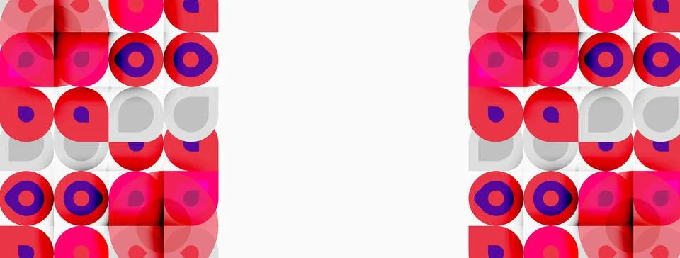Pattern features repeating circles, squares. Pink, purple, white colors dom.. Illustrazione stock